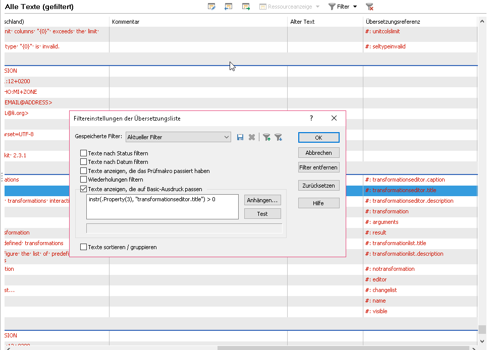 Screenshot of Trados Studio showing a filtered text list with error messages 'nbl: columns "Q0" exceeds the limit' and 'type "Q0" is invalid.'