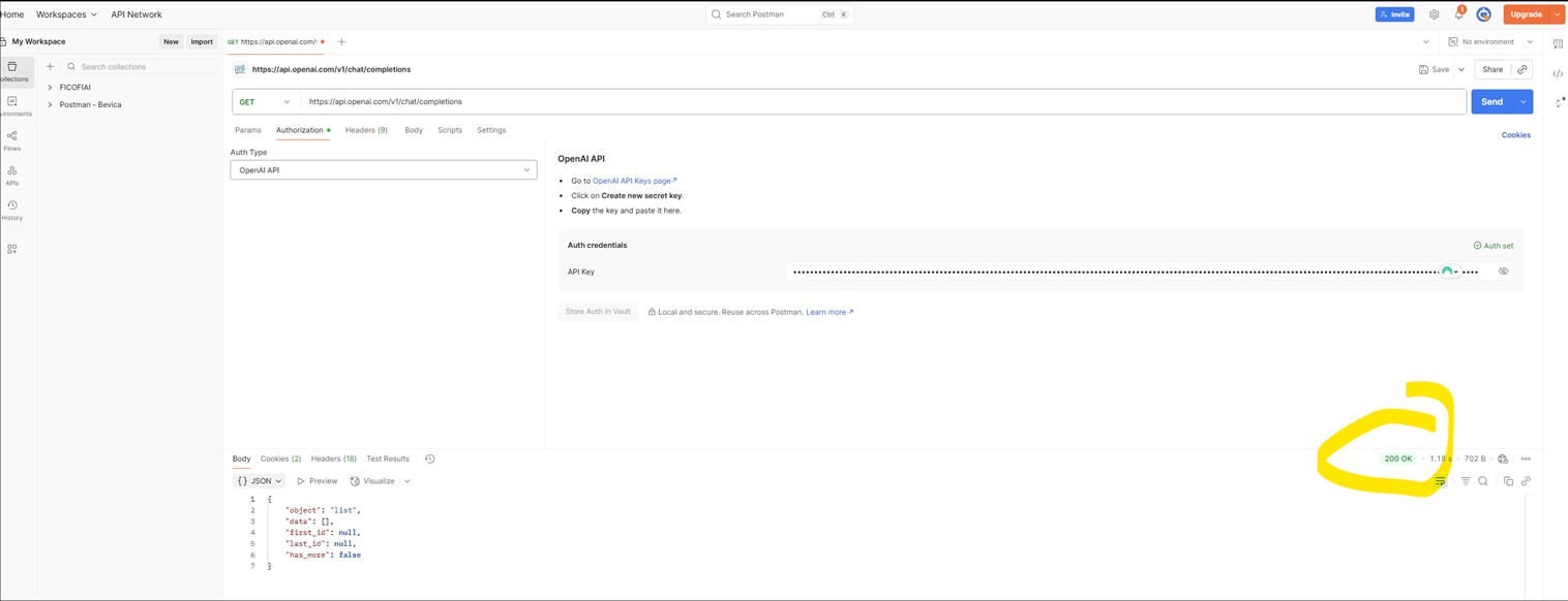 Screenshot of Postman with a successful API call to OpenAI endpoint, showing a 200 OK response highlighted in yellow.