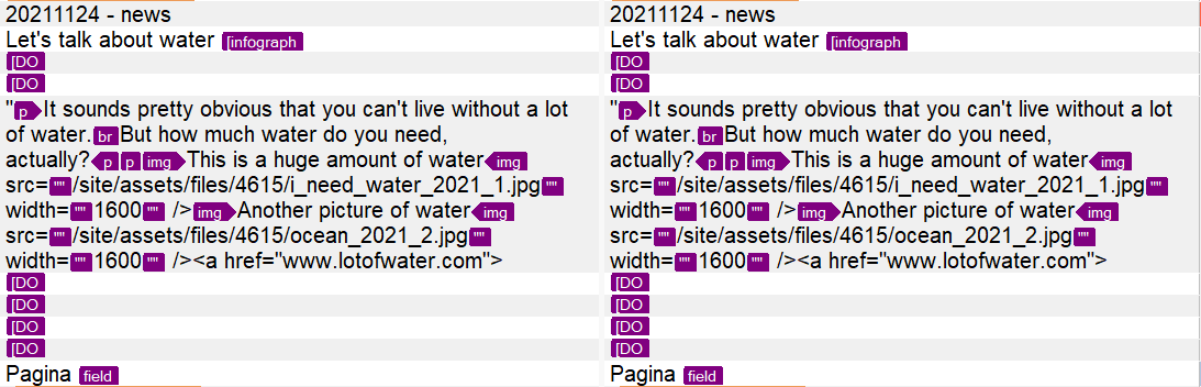 Screenshot of Trados Studio showing HTML code with visible tags such as paragraph, break, anchor, and image. The image tags contain incomplete src attributes and are highlighted in purple.
