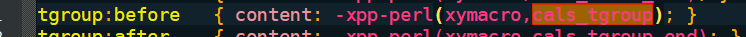 Code snippet from Trados Studio showing CSS code with 'tgroup:before' selector and 'content' property using 'xpp-perl' function.