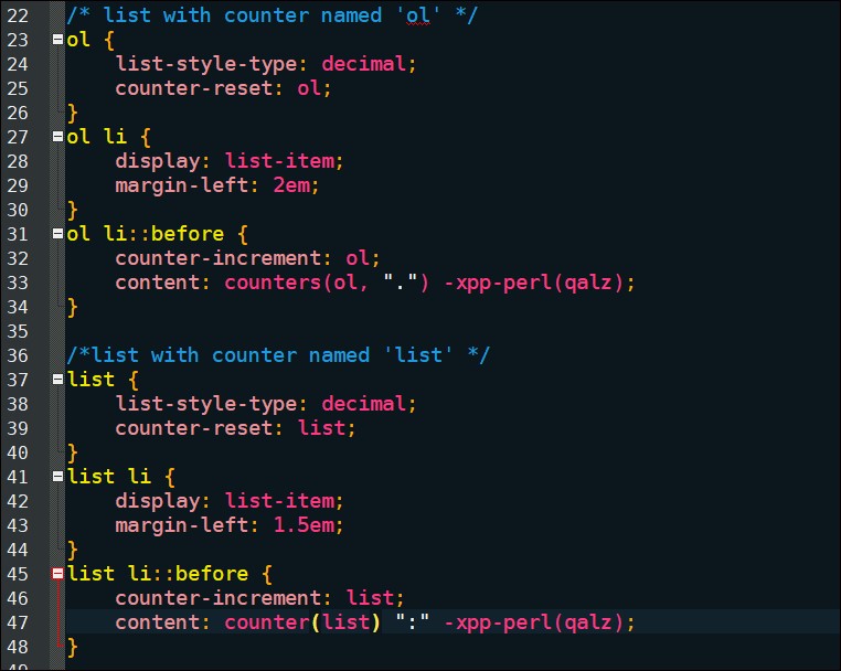 Screenshot of CSS code with highlighted errors, showing two lists with counters named 'ol' and 'list'. Incorrect counter-increment property 'ol' instead of 'list' in the 'ol li::before' rule.