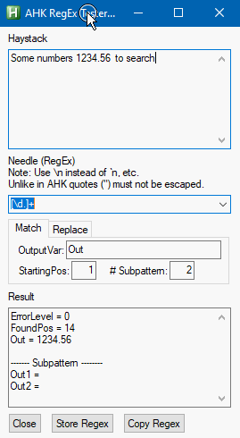 AutoHotkey RegEx Tester window with input fields for Haystack and Needle (RegEx). A note indicates to use n instead of rn and that quotes must not be escaped. The regex pattern d.+ is entered with match results shown below.