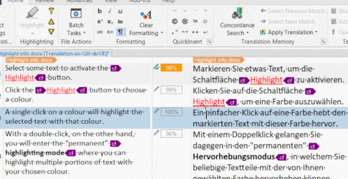 Animated GIF demonstrating text highlighting in Trados Studio using the Wordbird plugin.