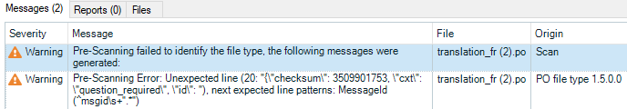 Error messages in Trados Studio indicating pre-scanning failed to identify the file type and unexpected line patterns in the PO file.