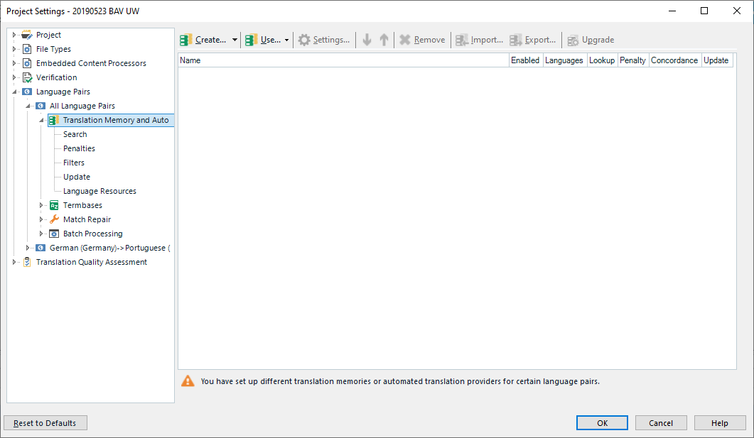 Trados Studio project settings window showing a warning message 'You have set up different translation memories or automated translation providers for certain language pairs.'