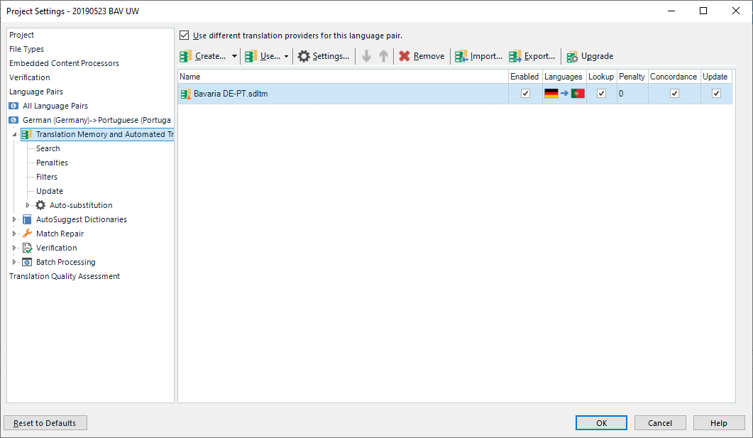 Trados Studio project settings with 'All Language Pairs' selected, showing no translation memories or automated translation providers added.