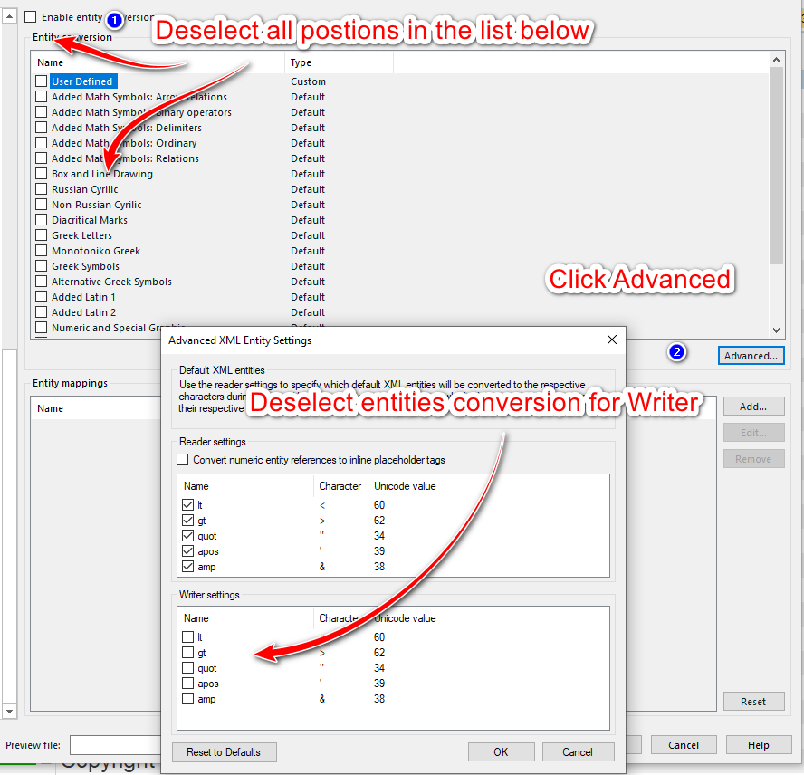 Trados Studio screenshot showing the 'Advanced XML Entity Settings' dialog box with instructions to deselect all positions in the list and to click 'Advanced'.