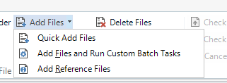 Trados Studio interface showing the 'Add Files' dropdown menu with options 'Quick Add Files', 'Add Files and Run Custom Batch Tasks', and 'Add Reference Files'. A red error icon appears next to 'Delete Files' option.