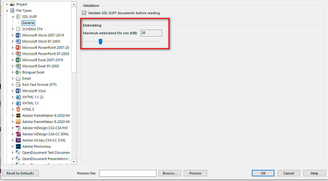 Trados Studio Project Settings window showing File Types list with SDLXLIFF selected. Under General settings, the Embedding section with Maximum embedded file size (MB) set to 20 highlighted.