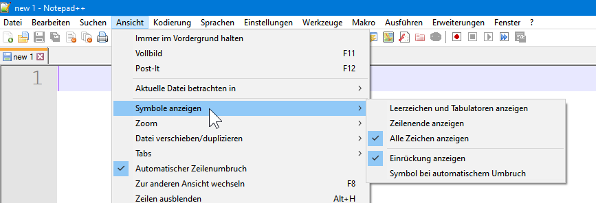 Notepad++ application with 'Ansicht' menu open showing 'Symbole anzeigen' submenu with options like 'Leerzeichen und Tabulatoren anzeigen' and 'Zeilenende anzeigen'.