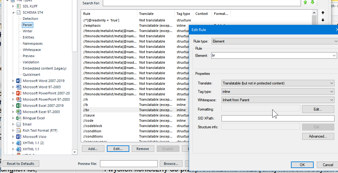 Trados Studio project template settings showing file types with Schema ST4 selected and parser rules displayed. The 'br' element is highlighted with options to change tag type to 'structure' or exclude it for segmentation.