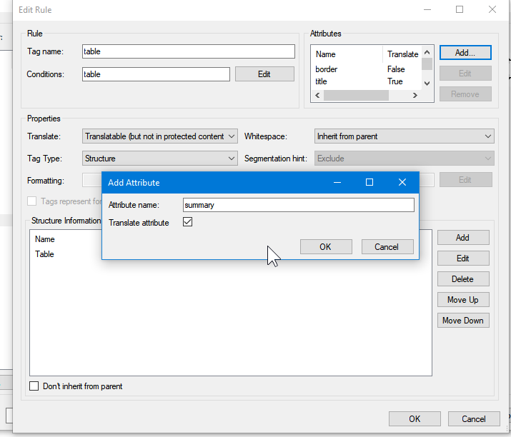 Edit Rule window in Trados Studio with 'Add Attribute' dialog open, ready to enter 'summary' as a translatable attribute for the 'table' tag.