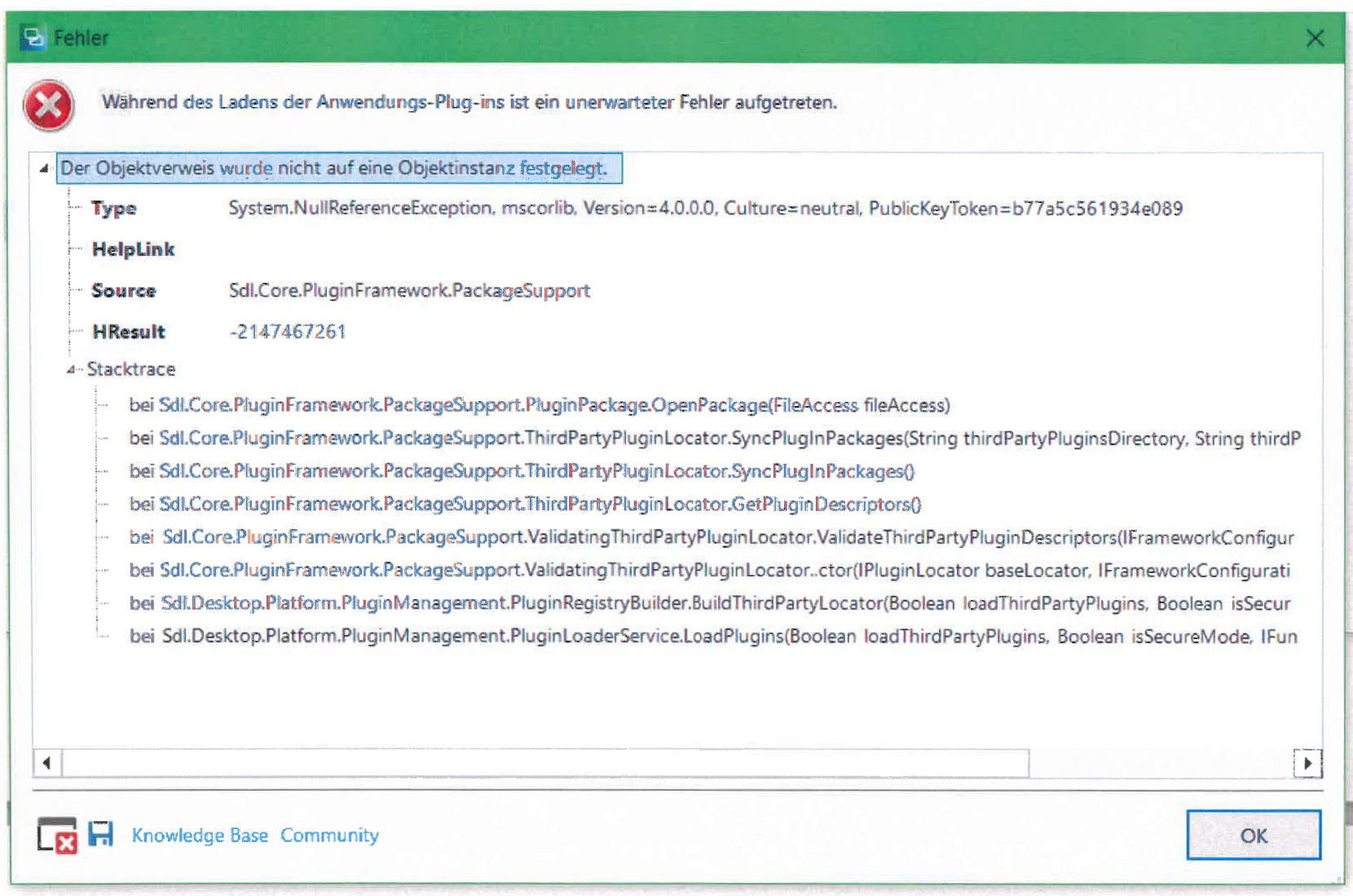 Error message in Trados Studio indicating an unexpected error occurred while loading the application plugin. It shows a System.NullReferenceException and a stack trace with multiple references to Sdl.Core.PluginFramework.