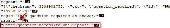 Screenshot showing PO file content with translated text placed outside the inverted commas, indicating incorrect formatting.