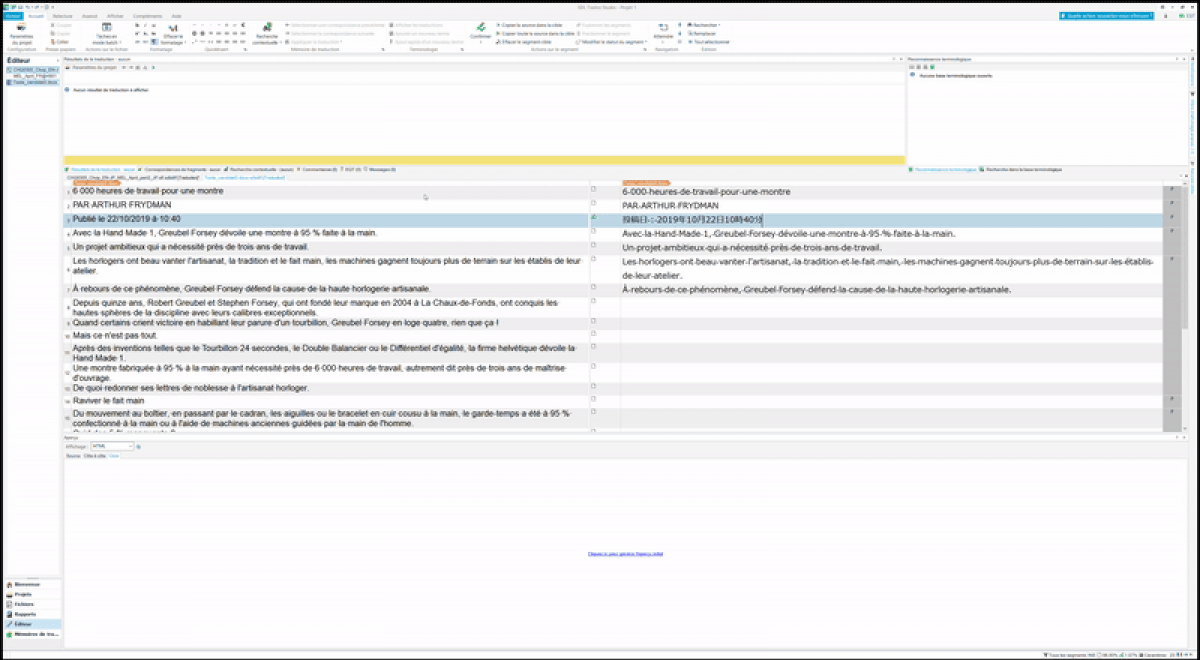 Screenshot of SDL Trados Studio 2021 showing a selected text segment in the translation editor with its source segment automatically copied.