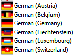 Screenshot showing a list of German language variants with corresponding flags for Austria, Belgium, Germany, Liechtenstein, Luxembourg, and Switzerland in Trados Studio.