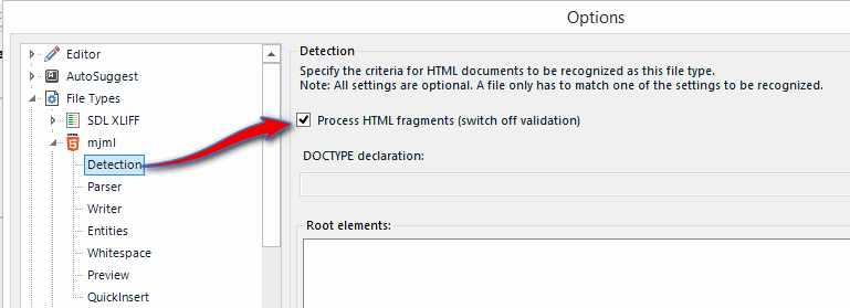Trados Studio settings showing the 'Process HTML fragments (switch off validation)' option checked under the Detection section for HTML file types.