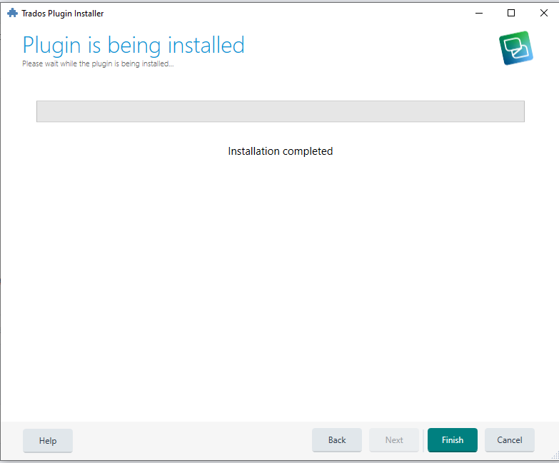 Trados Plugin Installer window showing a message 'Plugin is being installed' with a grey progress bar and a contradictory message below 'Installation completed'.