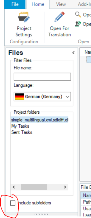 Trados Studio interface showing the Files view with a checkbox labeled 'Include subfolders' at the bottom left, currently unchecked. Language is set to German (Germany).