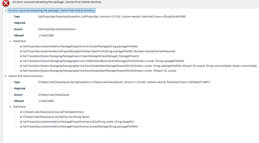 Error message in Trados Studio stating 'An error occurred extracting the package. Cannot find central directory' with detailed stack trace and error information displayed.