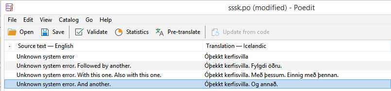 POEdit interface showing English source text with repeated 'Unknown system error' messages and their Icelandic translations with variations of 'Obekkt kerfisvilla'.