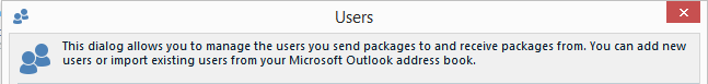 Screenshot of Trados Studio's 'Users' dialog box with a description about managing users for sending and receiving packages.