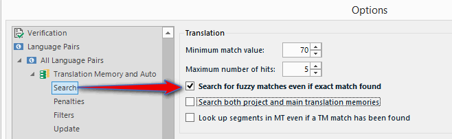 Trados Studio Options dialog showing Translation Memory and Auto Search settings with 'Search for fuzzy matches even if exact match found' checked.