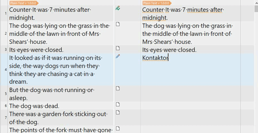 Trados Studio interface showing two columns of text, with the left column containing English text and the right column containing partially translated text. The word 'Kontaktor' is visible in the right column.
