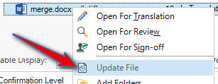 Trados Studio right-click menu with an arrow pointing to the 'Update File' option.