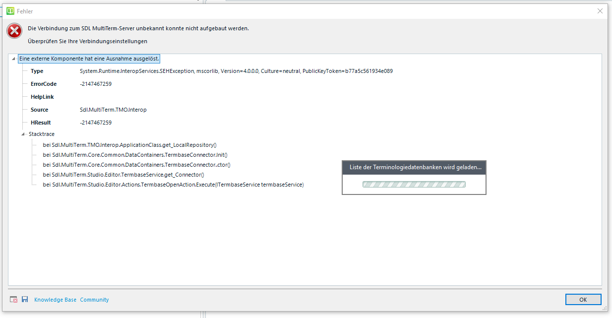 Error message in Trados Studio indicating a failure to connect to the SDL MultiTerm Server with a detailed exception stack trace.