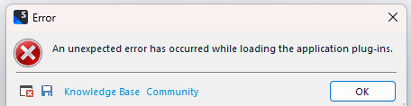 Error dialog box with a red cross icon stating 'An unexpected error has occurred while loading the application plug-ins.' with Knowledge Base and Community buttons and an OK button.