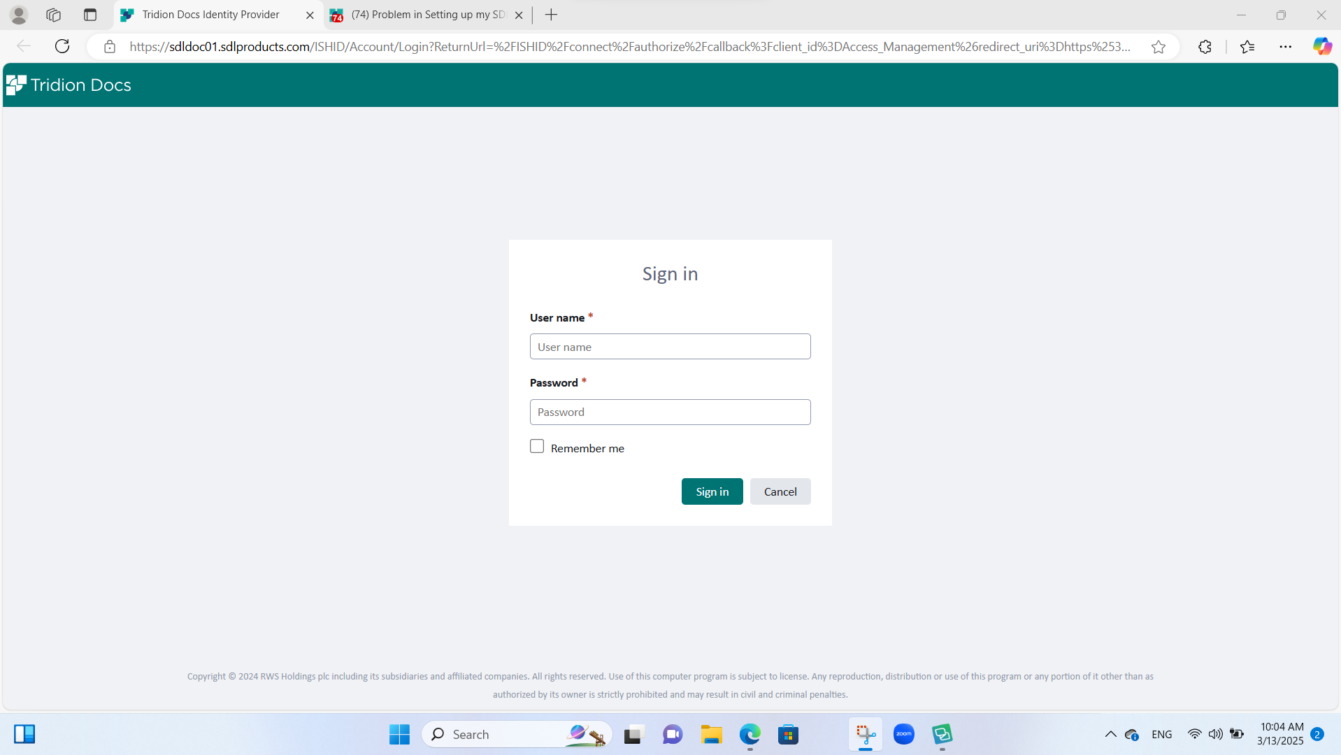 Screenshot of a 'Sign in' page for Tridion Docs Identity Provider with fields for User name and Password, and a 'Remember me' checkbox.