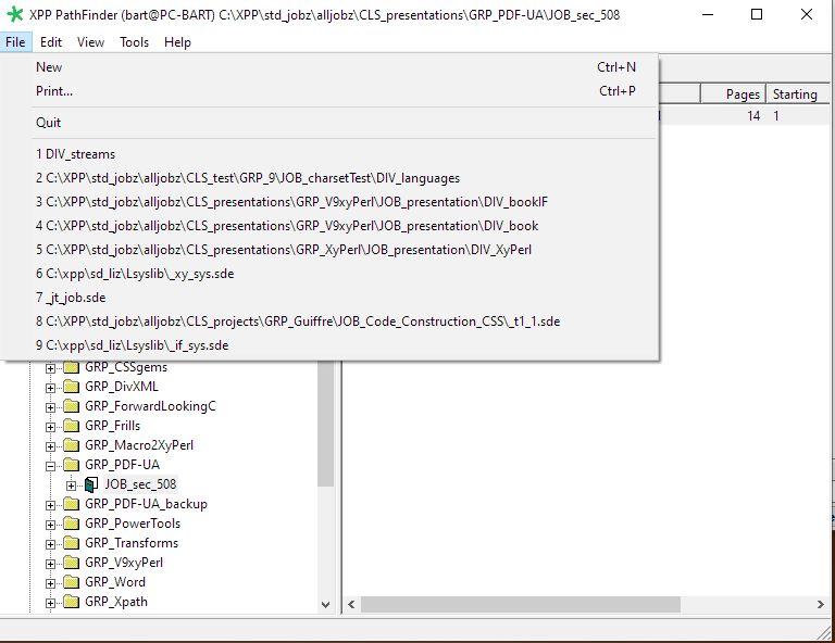 Screenshot of XPP Pathfinder interface showing the 'File' menu expanded with a list of the last 9 opened divisions or specs. The left hand window displays a directory tree with folders like GRP_CSSgems, GRP_DivXML, and GRP_PDF-UA highlighted.