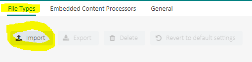 Trados Enterprise interface showing the File Types tab with options to Import, Export, Delete, and Revert to default settings.