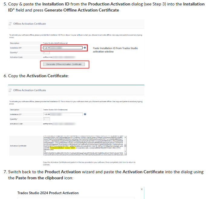 Screenshot of the Offline Activation Certificate window showing fields for Description, Installation ID, Quantity, and Activation Code, with the Generate Offline Activation Certificate button highlighted.