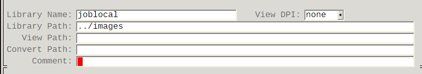 Screenshot of Trados Studio showing Library Name as 'joblocal', Library Path as '..images', and empty fields for View Path and Convert Path. A red error indicator is visible next to the Comment field.