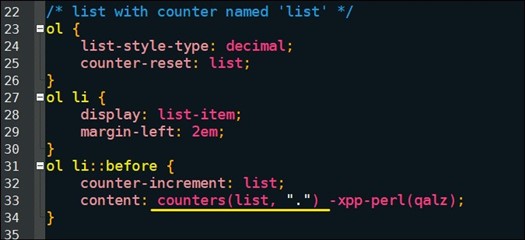 Screenshot of CSS code for a list with a counter named 'list', showing properties for list-style-type, counter-reset, display, margin-left, counter-increment, and content with counters function.