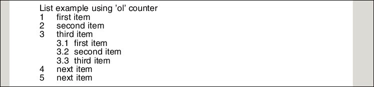 Screenshot of a rendered list in a document with multi-level numbering using the 'ol' counter, displaying items numbered from 1 to 5 with nested items numbered 3.1 to 3.3.