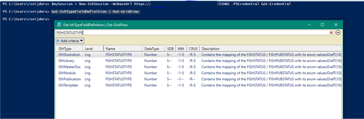PowerShell window showing a command to retrieve field definitions in Trados Studio, with a GridView popup displaying the FISHSTATUSTYPE field available for various object types.