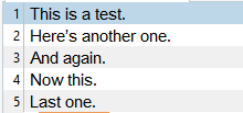 Trados Studio screen showing the restored separate lines of text numbered 1 to 5 after using the 'Update File' feature.