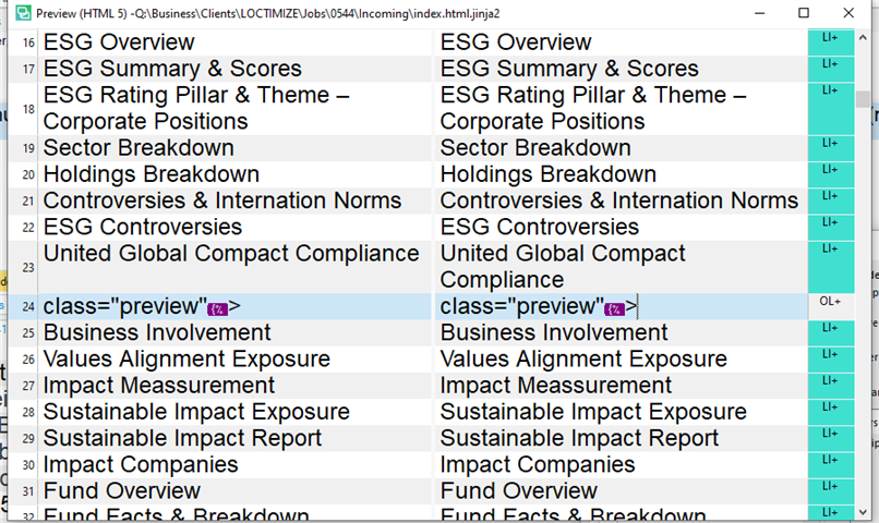 Screenshot of Trados Studio showing a comparison view with an error in row 24 where 'class="preview"' is highlighted indicating an issue with the 'ordered list' in the structure information.