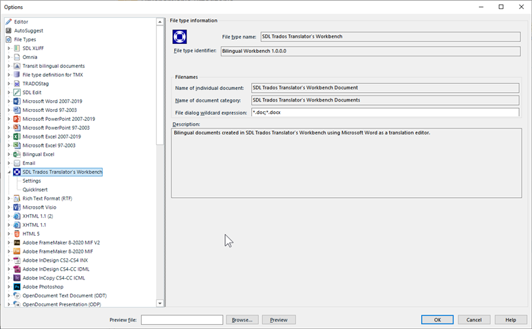 Trados Studio Options window showing File Types settings with SDL Trados Translator's Workbench selected, no visible errors or warnings.