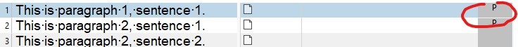 Trados Studio interface showing three segments with segment 1 in one paragraph and segments 2 and 3 in another, indicated by paragraph marks on the right.
