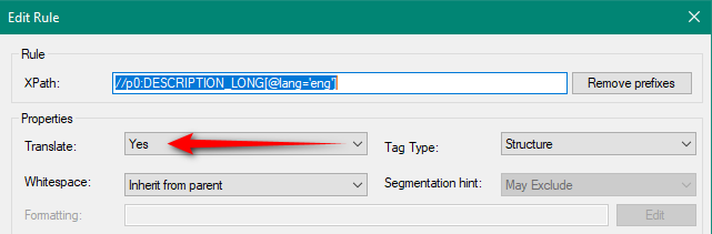 Screenshot of Trados Studio edit rule dialog box with XPath expression for DESCRIPTION_LONG and Translate option set to Yes.