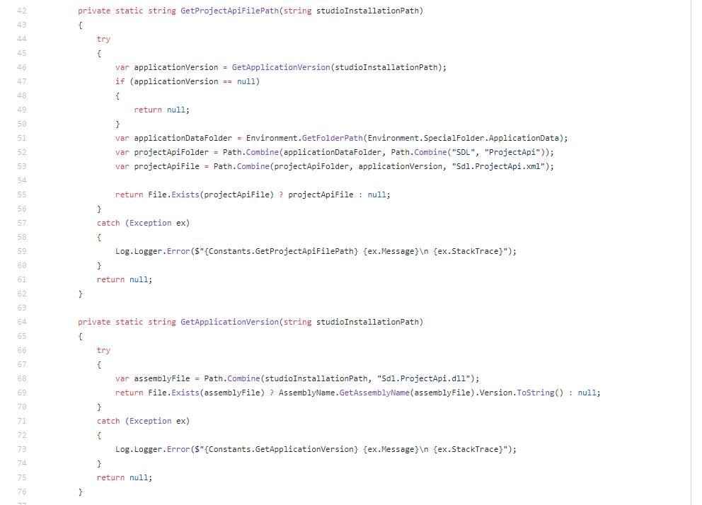 Screenshot of Trados Studio code showing the GetProjectApiFilePath method with a try-catch block logging an error for exceptions.