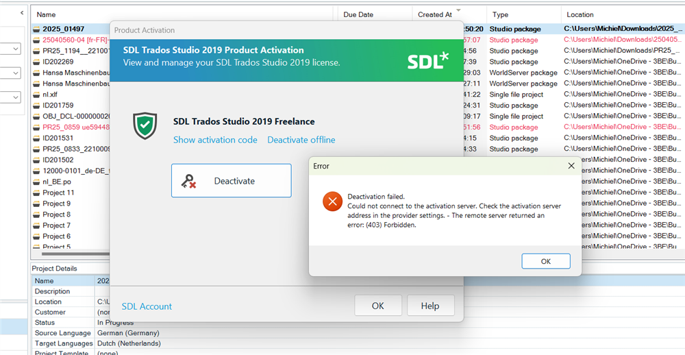 SDL Trados Studio 2019 Product Activation window with an error message 'Deactivation failed. Could not connect to the activation server. Check the activation server address in the provider settings. - The remote server returned an error: (403) Forbidden.' and an 'OK' button.