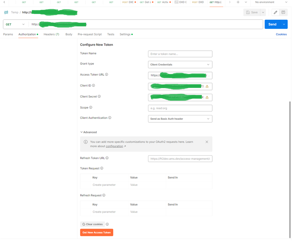 Screenshot of Postman Authorization tab showing configuration fields for a new token with fields for Token Name, Grant Type, Access Token URL, Client ID, Client Secret, Scope, and Client Authentication.