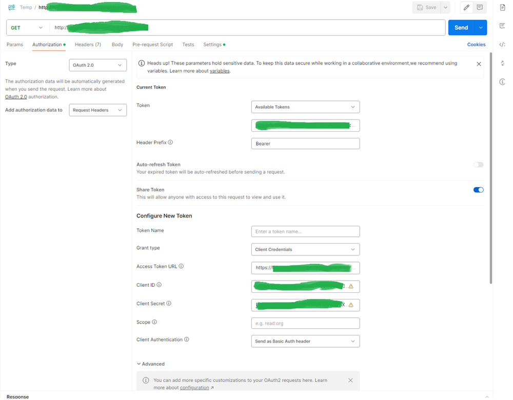 Screenshot of Postman Authorization tab with OAuth 2.0 settings including fields for Token Name, Grant Type, Access Token URL, Client ID, Client Secret, Scope, Client Authentication, and a section for configuring a new token.
