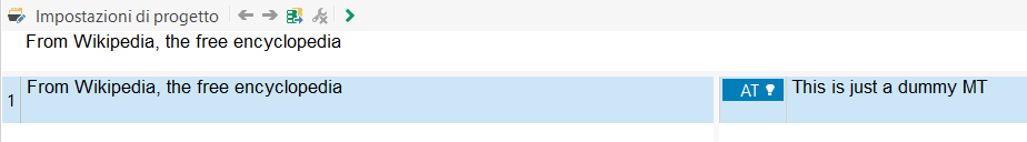 Trados Studio screenshot showing a translation suggestion from DummyMT with the text 'This is just a dummy MT'.