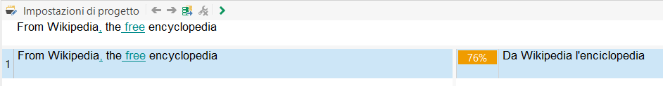 Trados Studio screenshot displaying a translation match from 'MemoriaDiTest' with a 76% match rate and the translated text 'Da Wikipedia l'enciclopedia'.